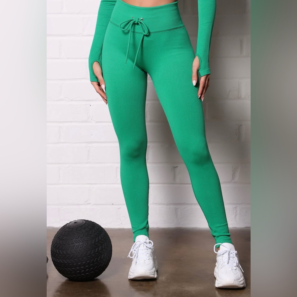 New Green Active Ribbed Drawstring Leggings – S